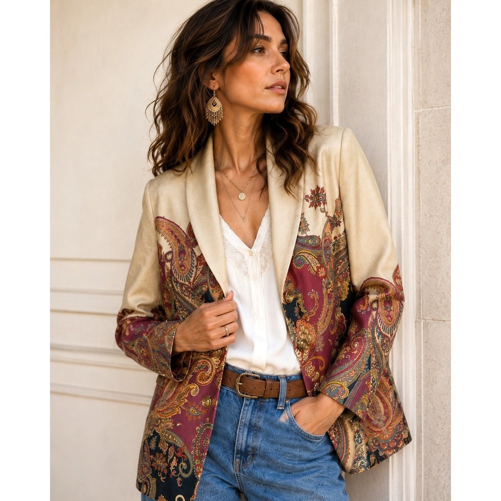 Susan Graver Boho Chic Paisley Blazer Jacket Women S Tan Shawl Collar Faux Suede